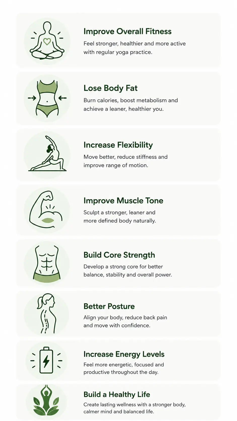 Common Goals We Help You Achieve — Improve Overall Fitness, Lose Body Fat, Increase Flexibility, Improve Muscle Tone, Build Core Strength, Better Posture, Increase Energy Levels, Build a Healthy Life